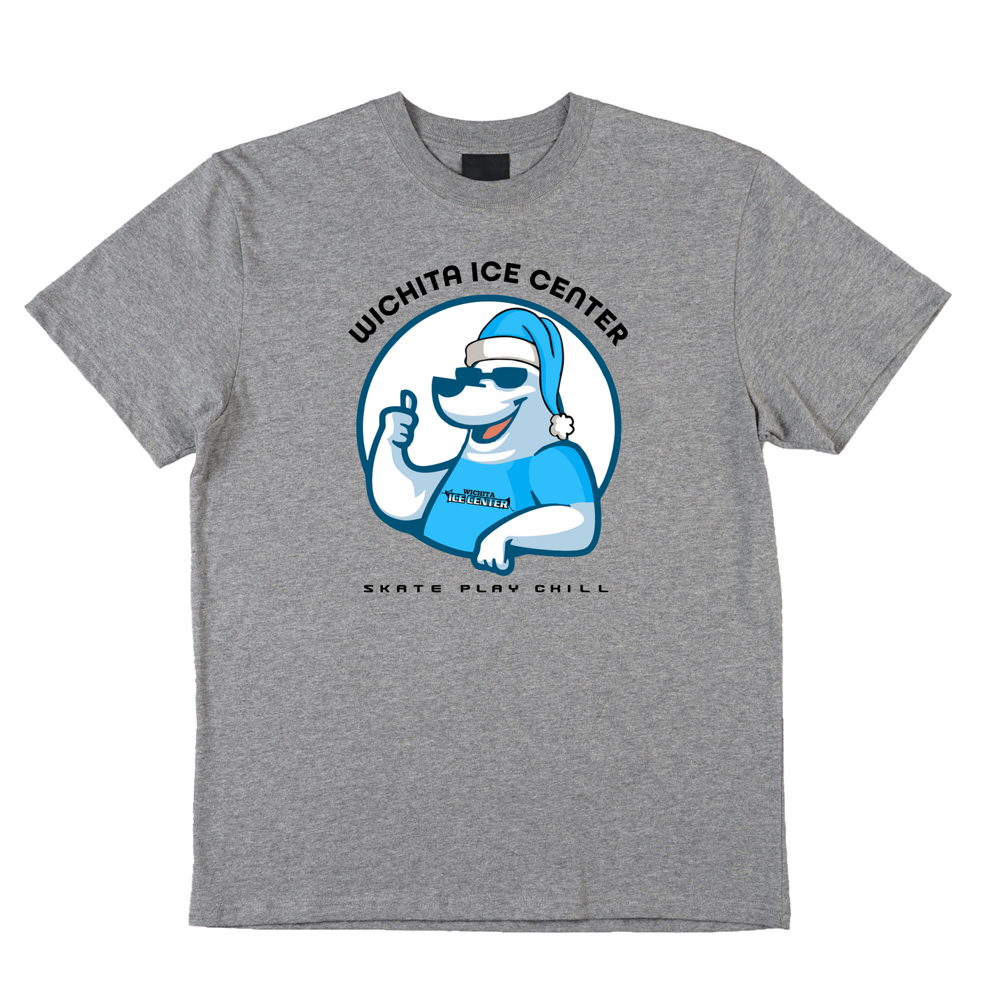 Gray t-shirt with a graphic of polar bear and text on the front, displayed on a white background.