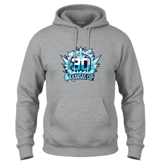 Gray hoodie with a logo on the front and back, displayed side by side.