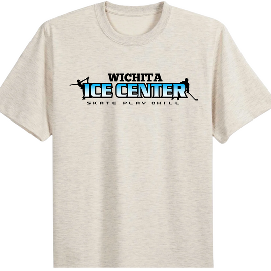 Beige t-shirt with Wichita Ice Center logo on front and back