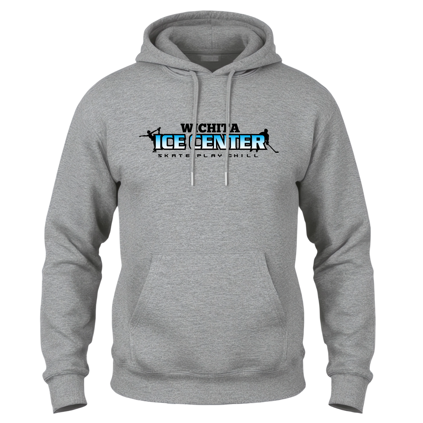 Gray hoodie with a logo on the front and back, displayed on a white background.