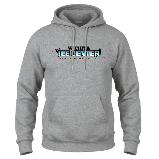 Gray hoodie with a logo on the front and back, displayed on a white background.