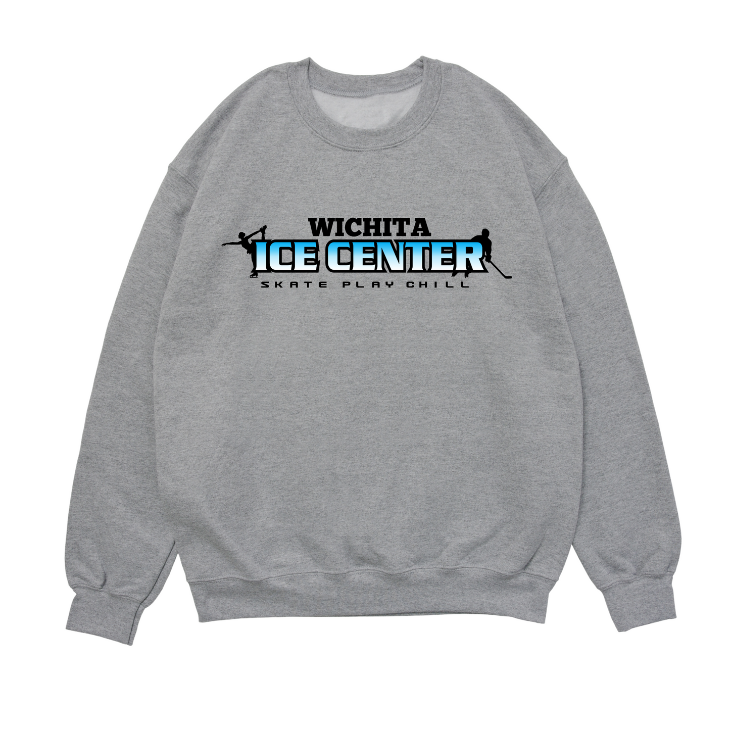 Gray sweatshirt with 'Wichita Ice Center' logo on a white background