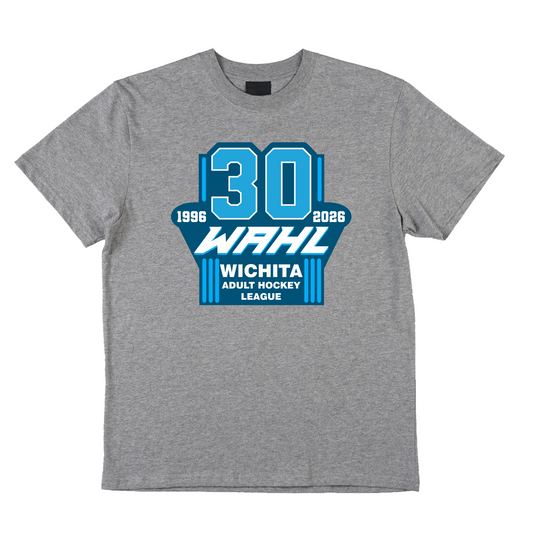 Gray t-shirt with blue and white text and graphics on a white background