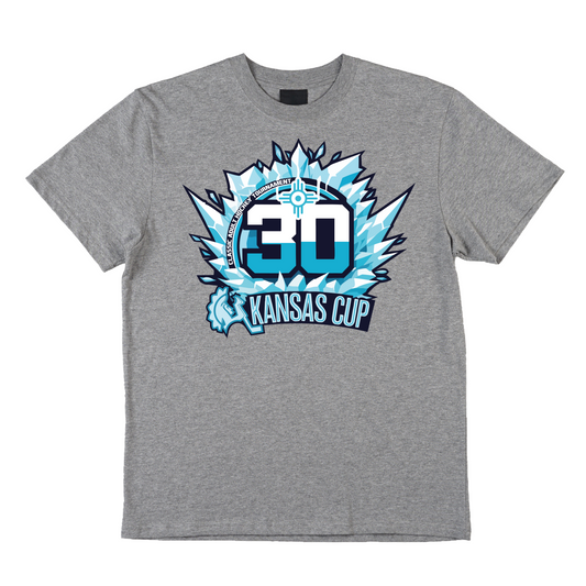 Gray t-shirt with a logo and text on a white background
