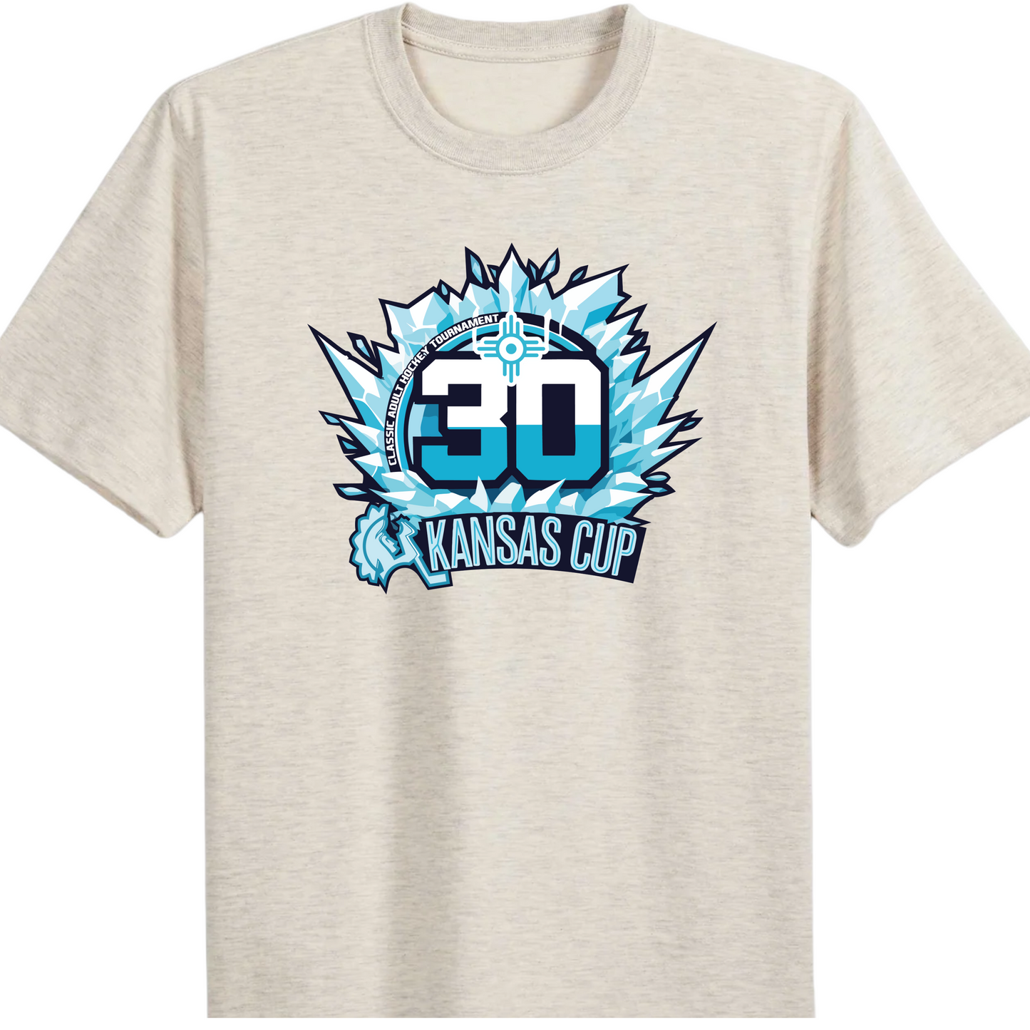 Beige t-shirt with a logo on the front and plain back, displayed side by side.
