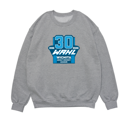 Gray sweatshirt with blue and white logo on a white background