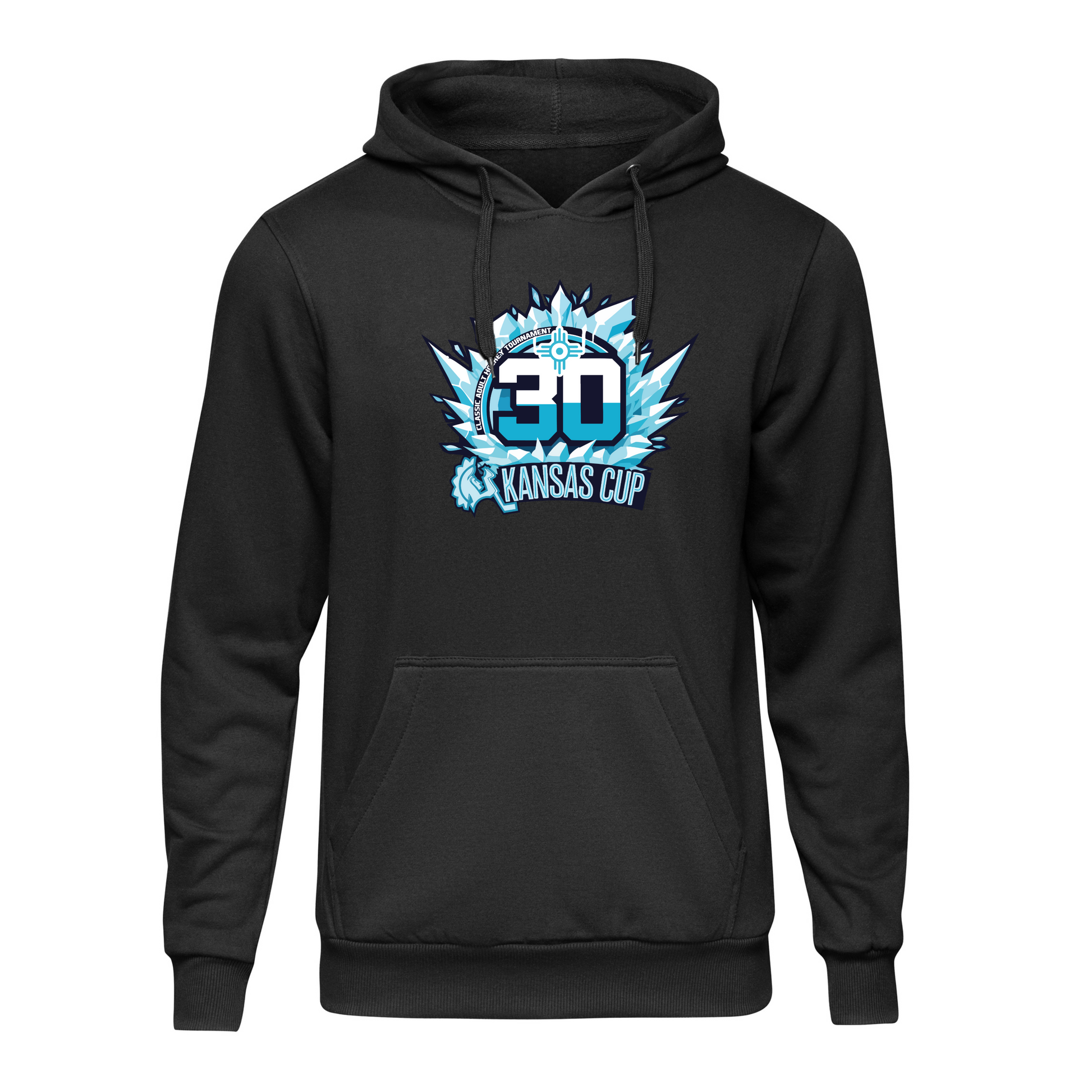 Black hoodie with a logo on the front and back against a white background
