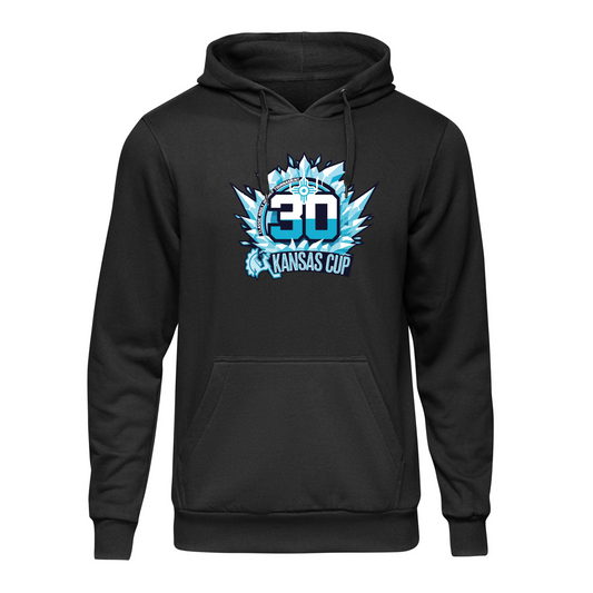 Black hoodie with a logo on the front and back against a white background