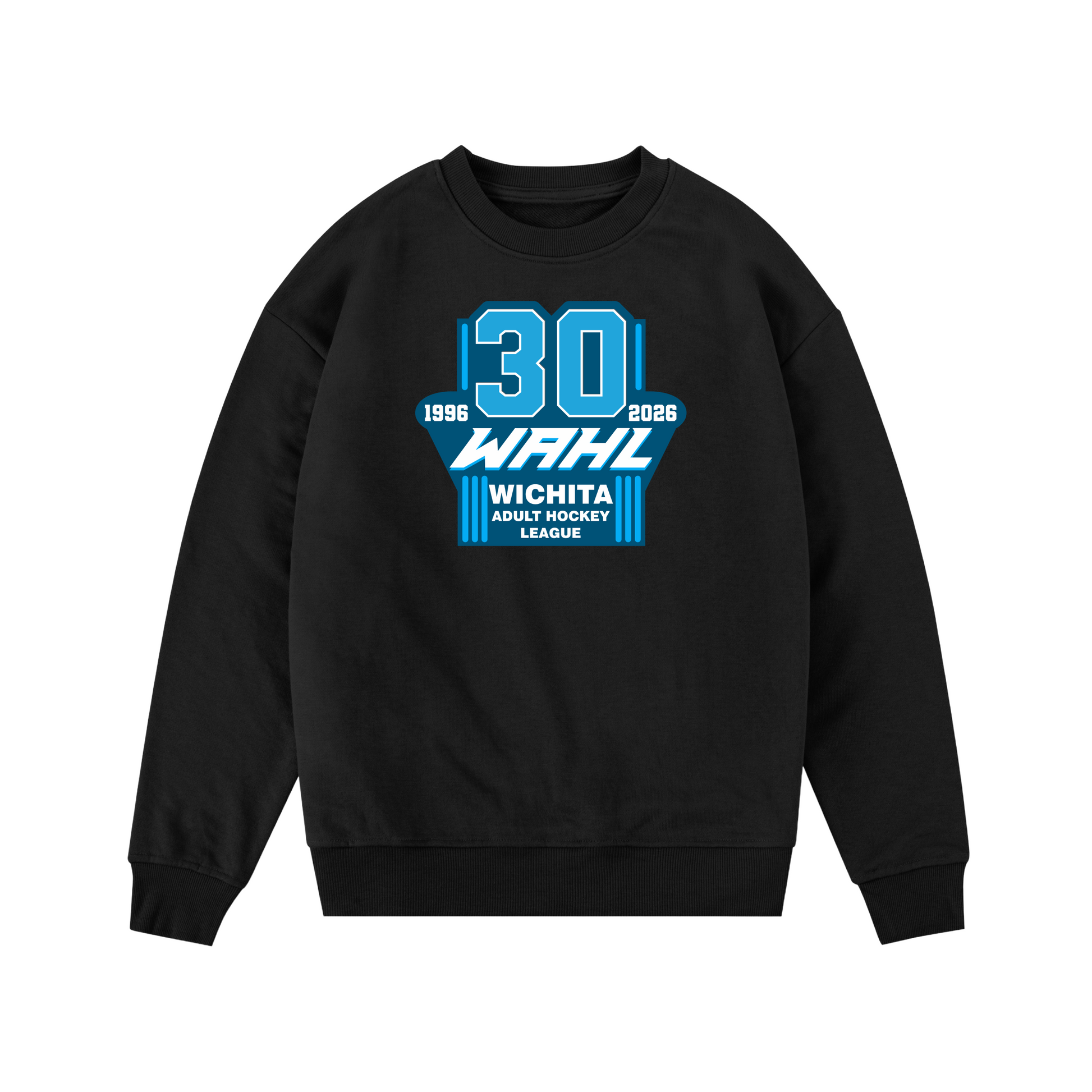 Black sweatshirt with blue and white text on a white background