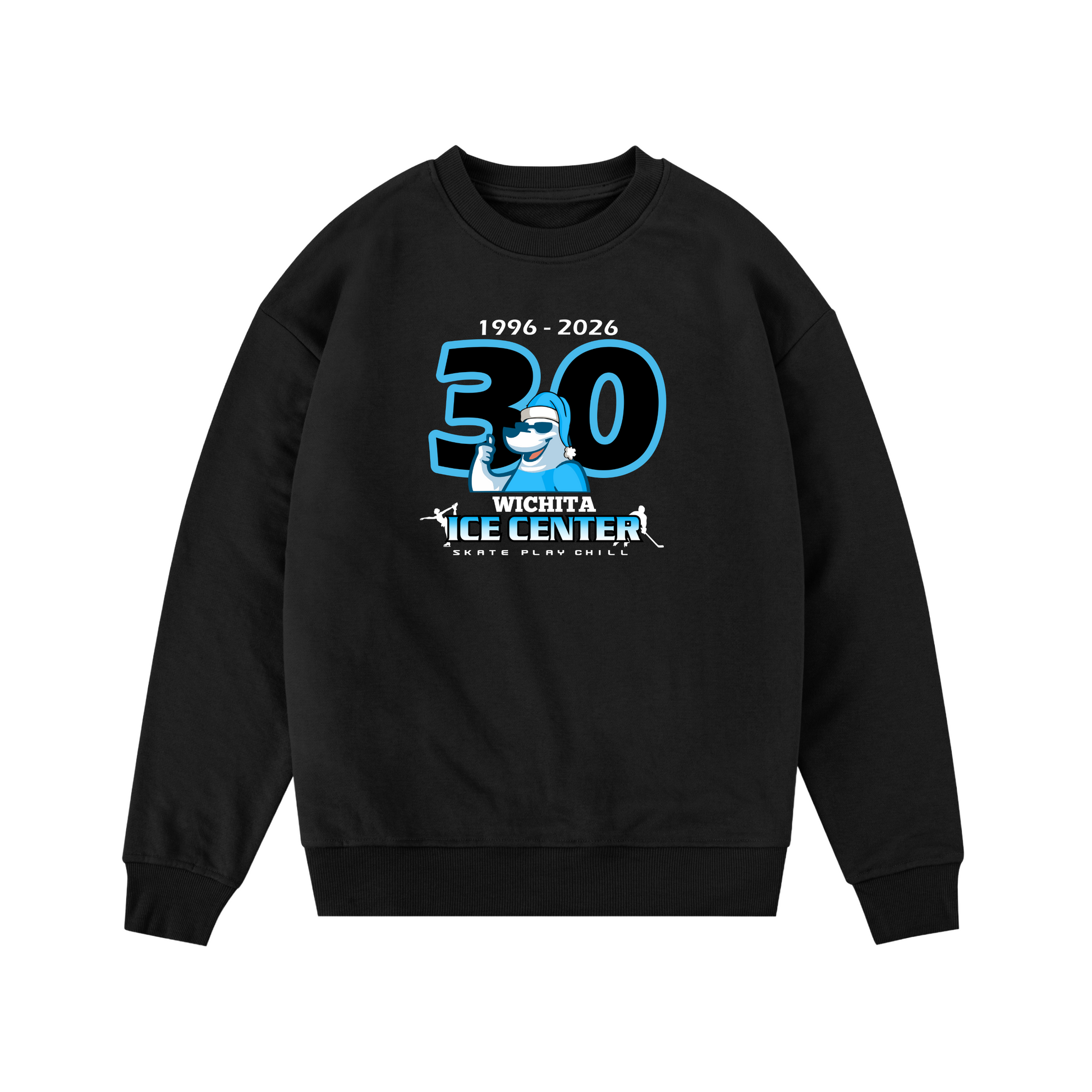 Black sweatshirt with blue and white graphics on the back, displayed from front and back views.