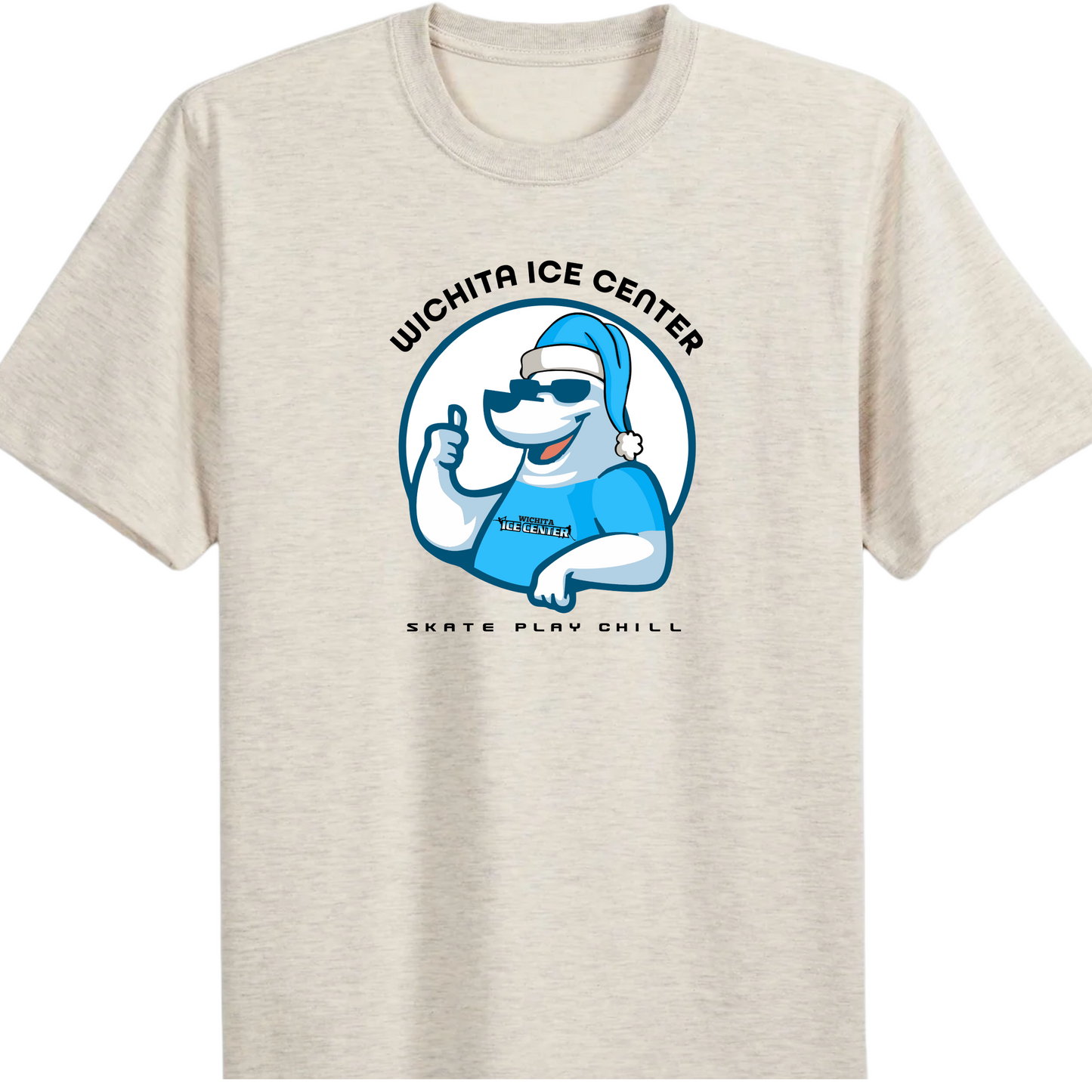 Beige t-shirt with a graphic of a blue character and text on the front, displayed on a white background.