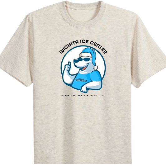 Beige t-shirt with a graphic of a blue character and text on the front, displayed on a white background.