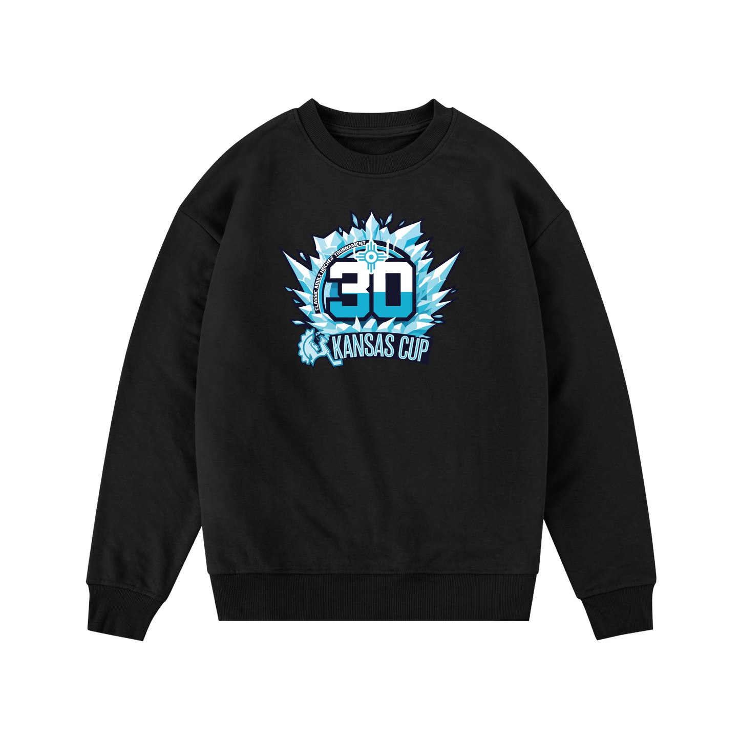 Black sweatshirt with a colorful graphic design on a white background