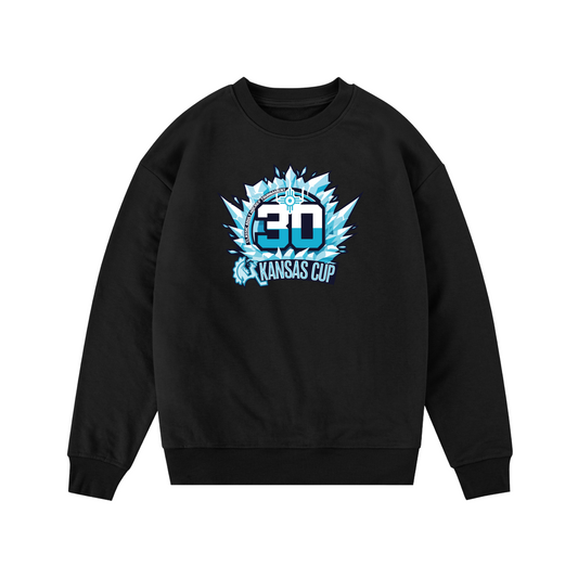 Black sweatshirt with a colorful graphic design on a white background