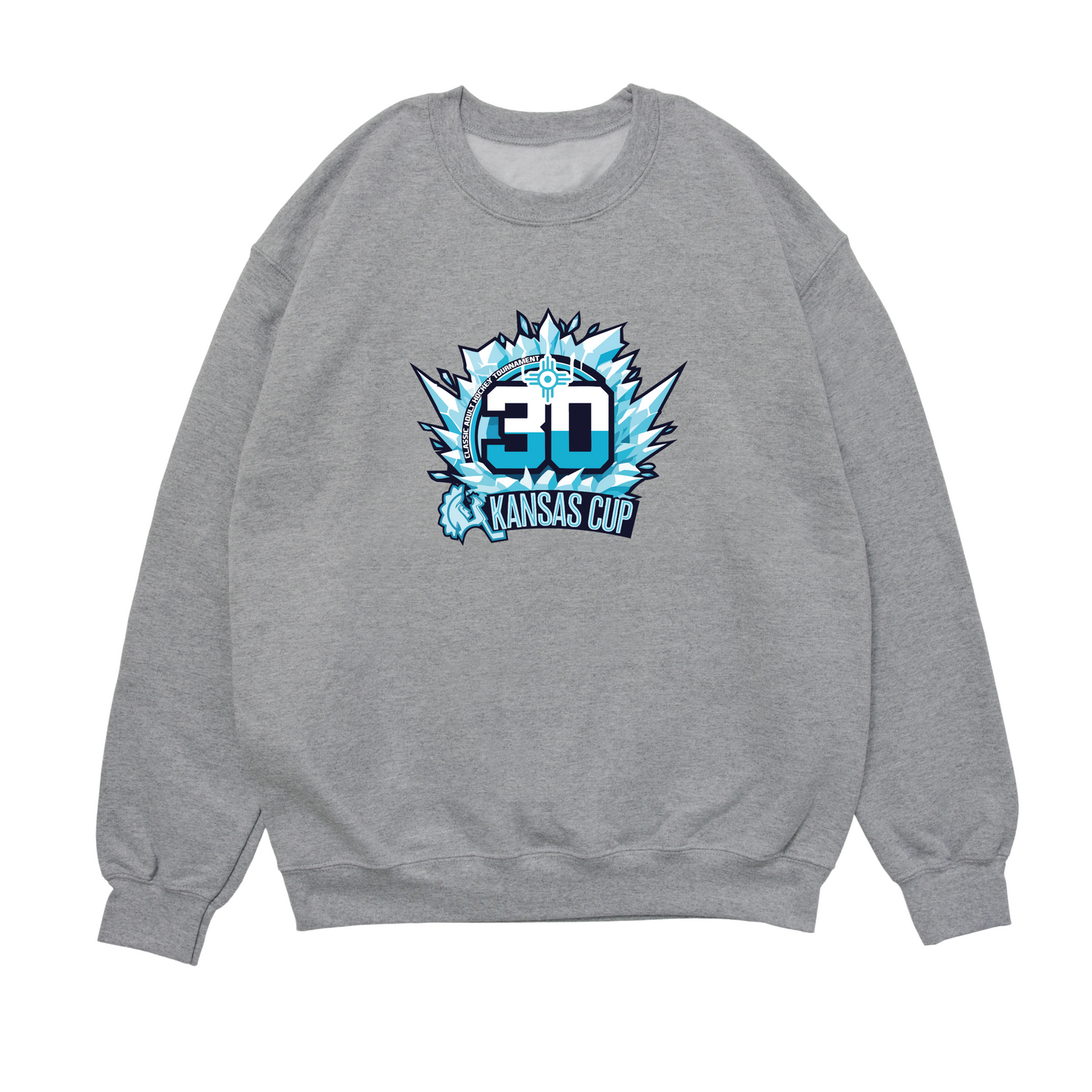 Gray sweatshirt with a logo on the front and back on a white background