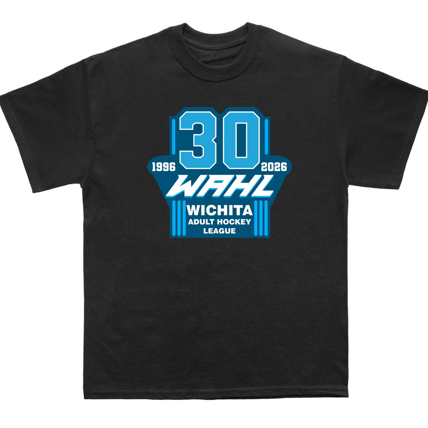 Black t-shirt with blue and white graphics on a white background