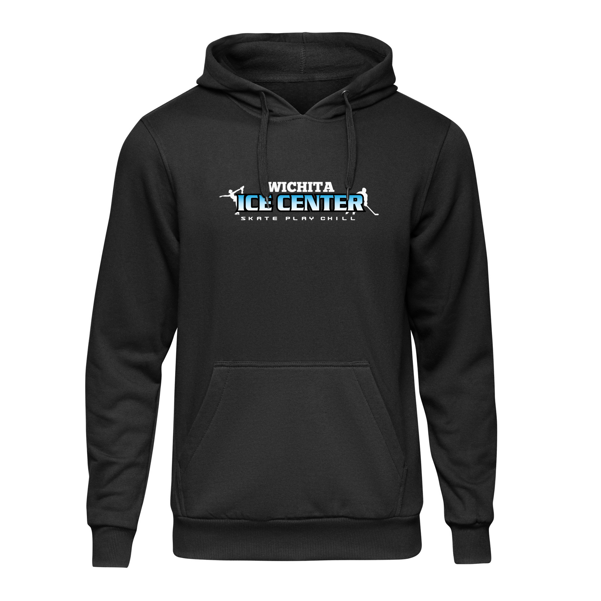 Black hoodie with a logo on the front and back, displayed on a white background.