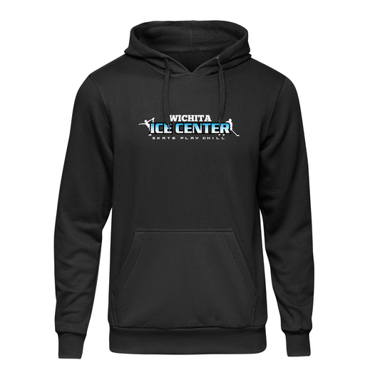 Black hoodie with a logo on the front and back, displayed on a white background.