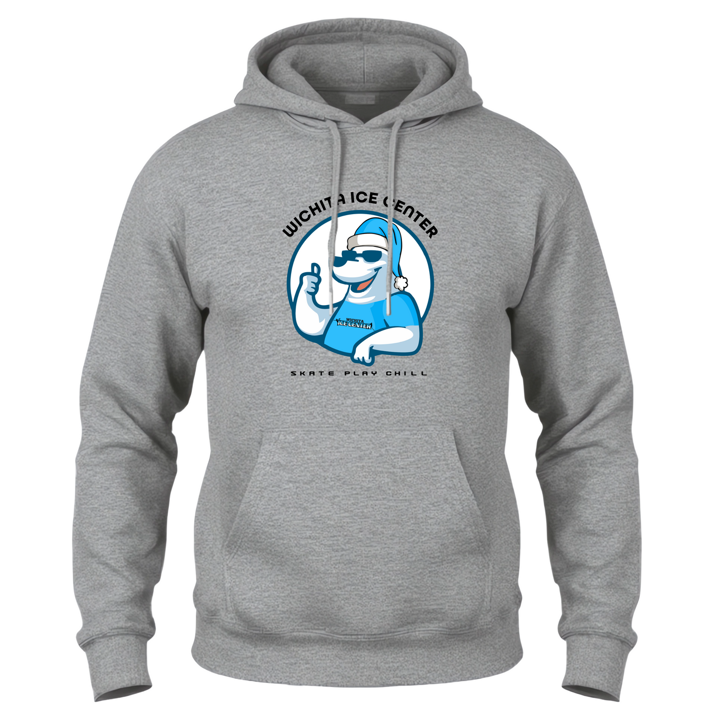 Gray hoodie with a logo on the front and back, displayed side by side.