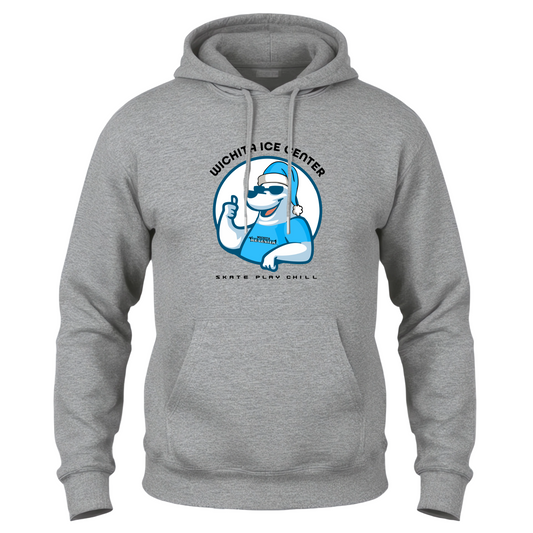 Gray hoodie with a logo on the front and back, displayed side by side.