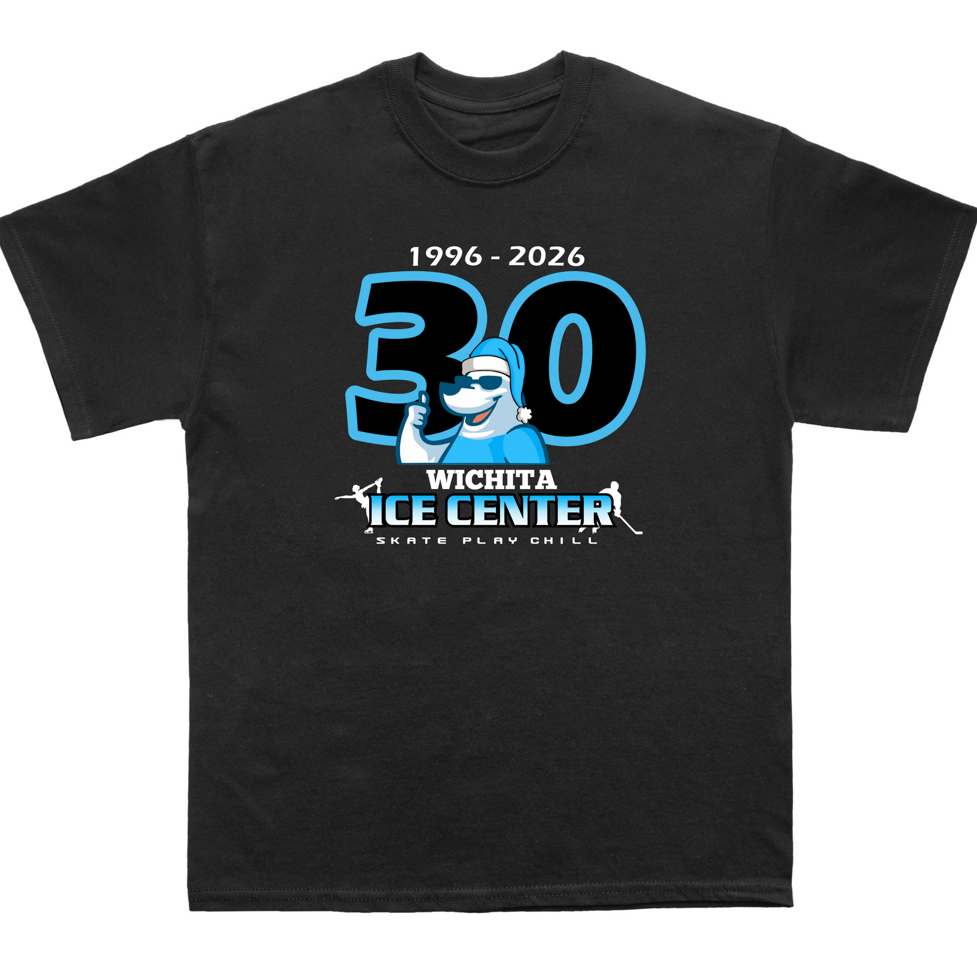 Black t-shirt with '30' and 'Wichita Ice Center' text on a white background