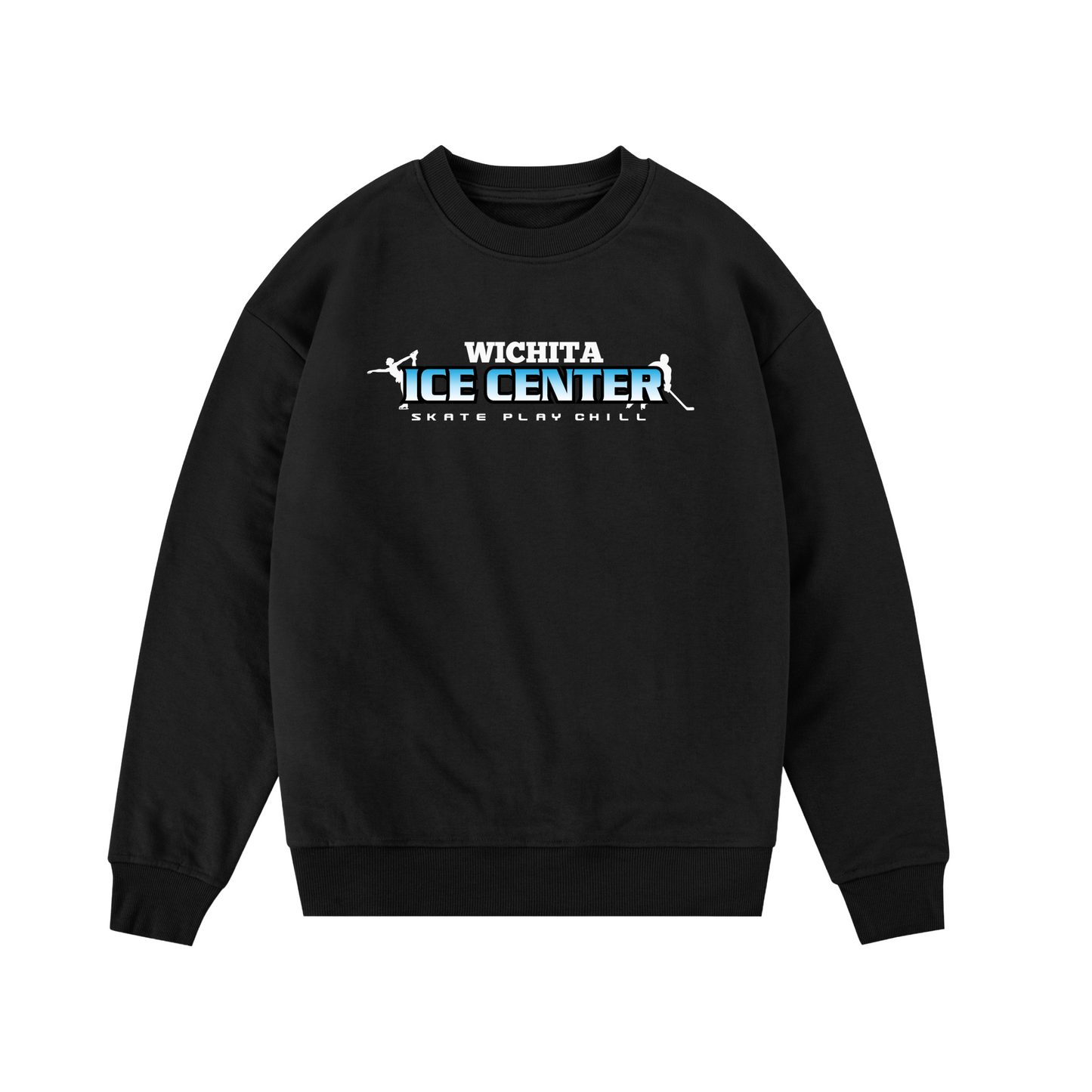 Black sweatshirt with a logo on the front and back against a white background