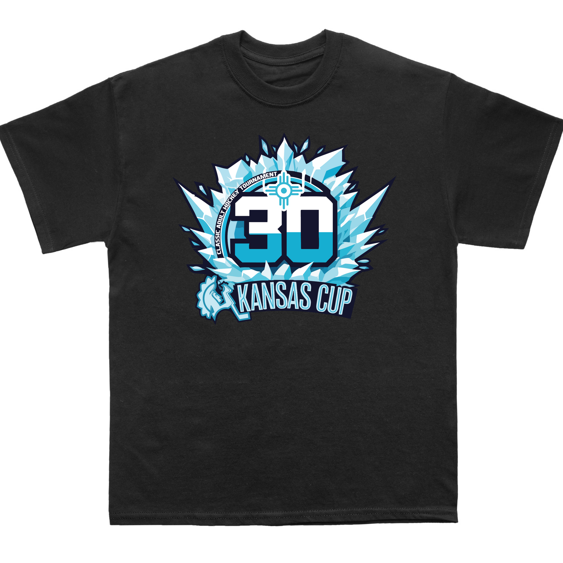 Black t-shirt with blue and white graphic design on a white background