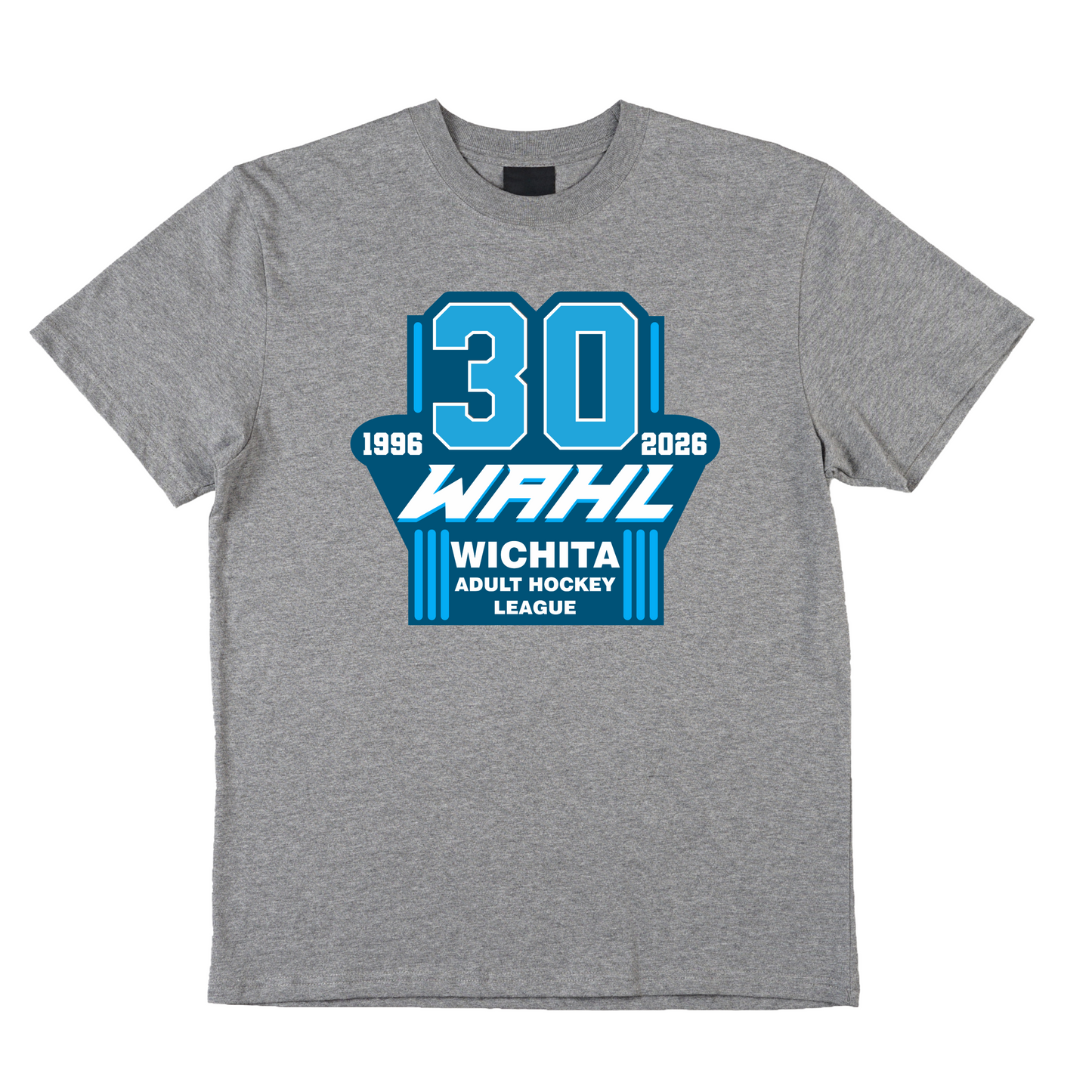 Gray t-shirt with blue and white text and graphics on a white background