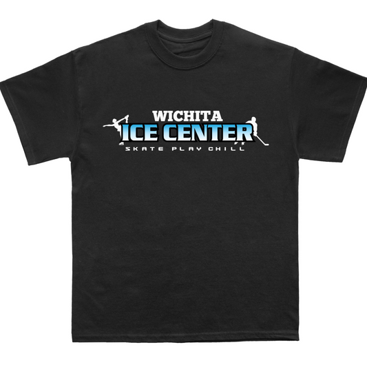 Black t-shirt with Wichita Ice Center logo on a white background