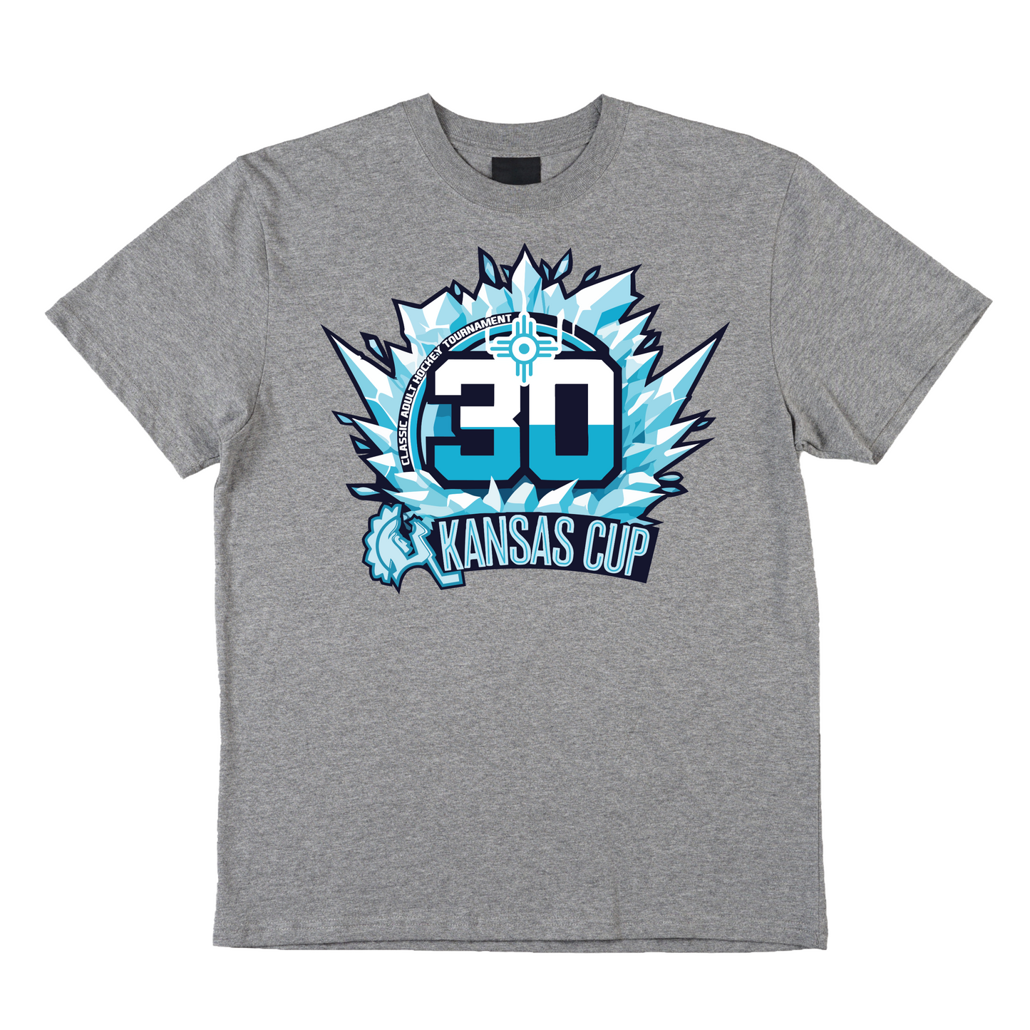 Gray t-shirt with a logo and text on a white background