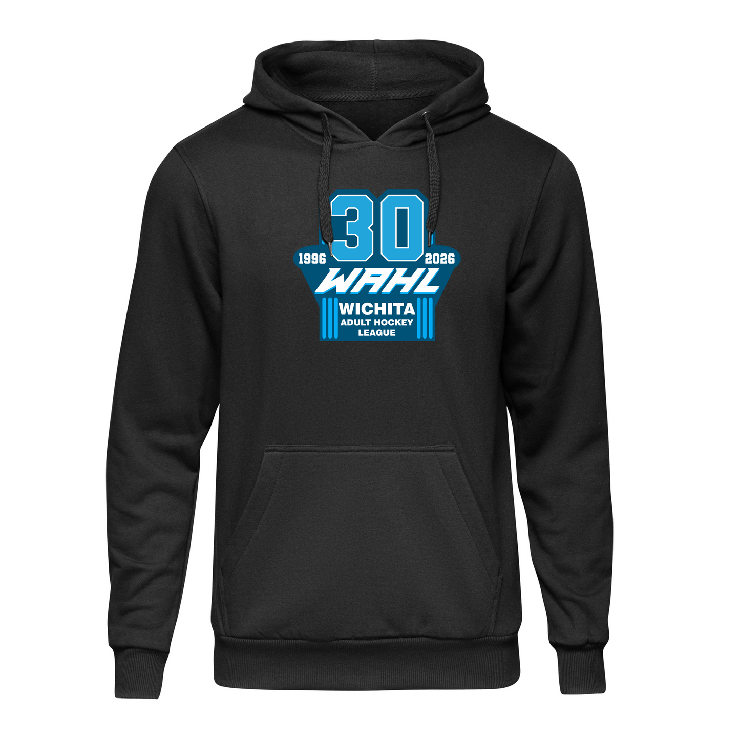 Black hoodie with blue and white text on a white background