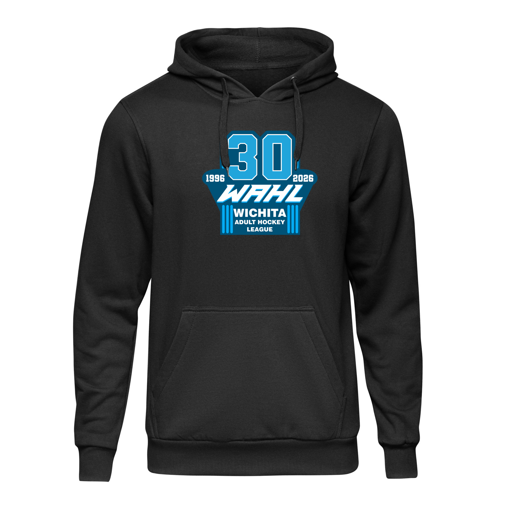 Black hoodie with blue and white text on a white background