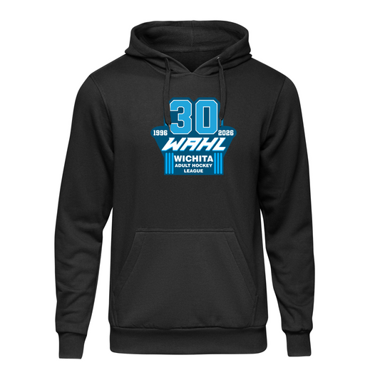 Black hoodie with blue and white text on a white background