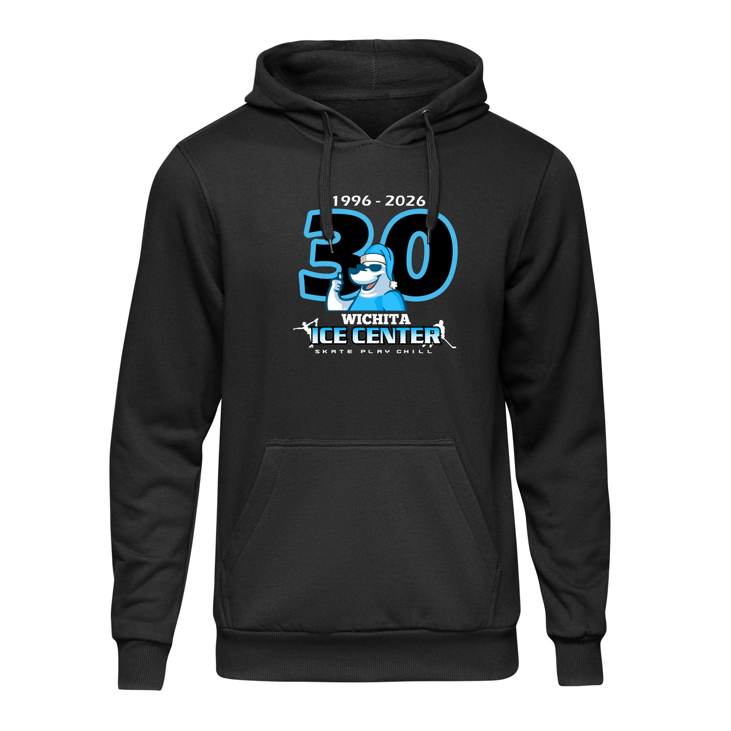 Black hoodie with a graphic design on the front and back, displayed side by side.