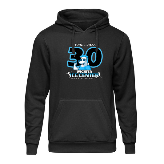 Black hoodie with a graphic design on the front and back, displayed side by side.