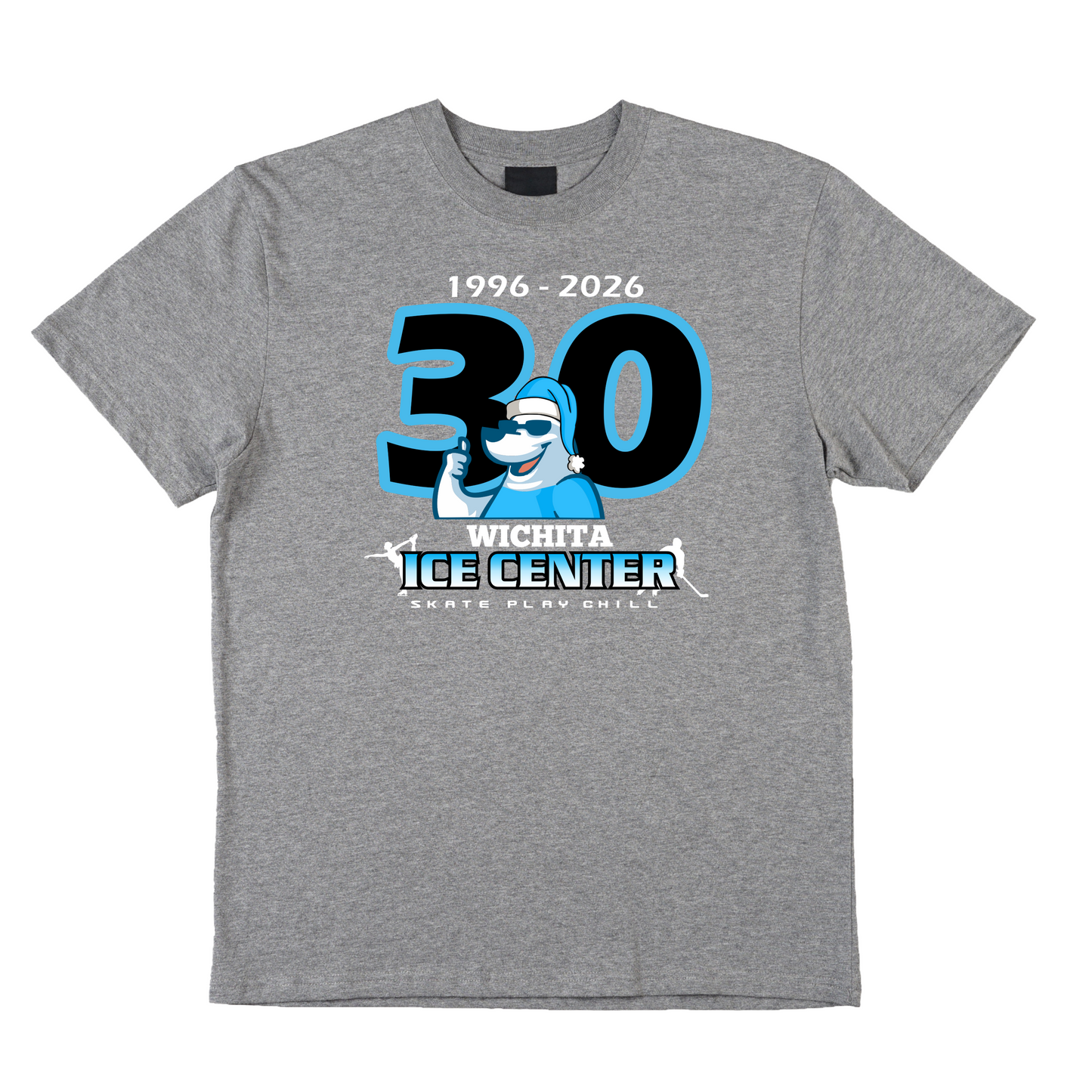 Gray t-shirt with 30th anniversary design on a white background