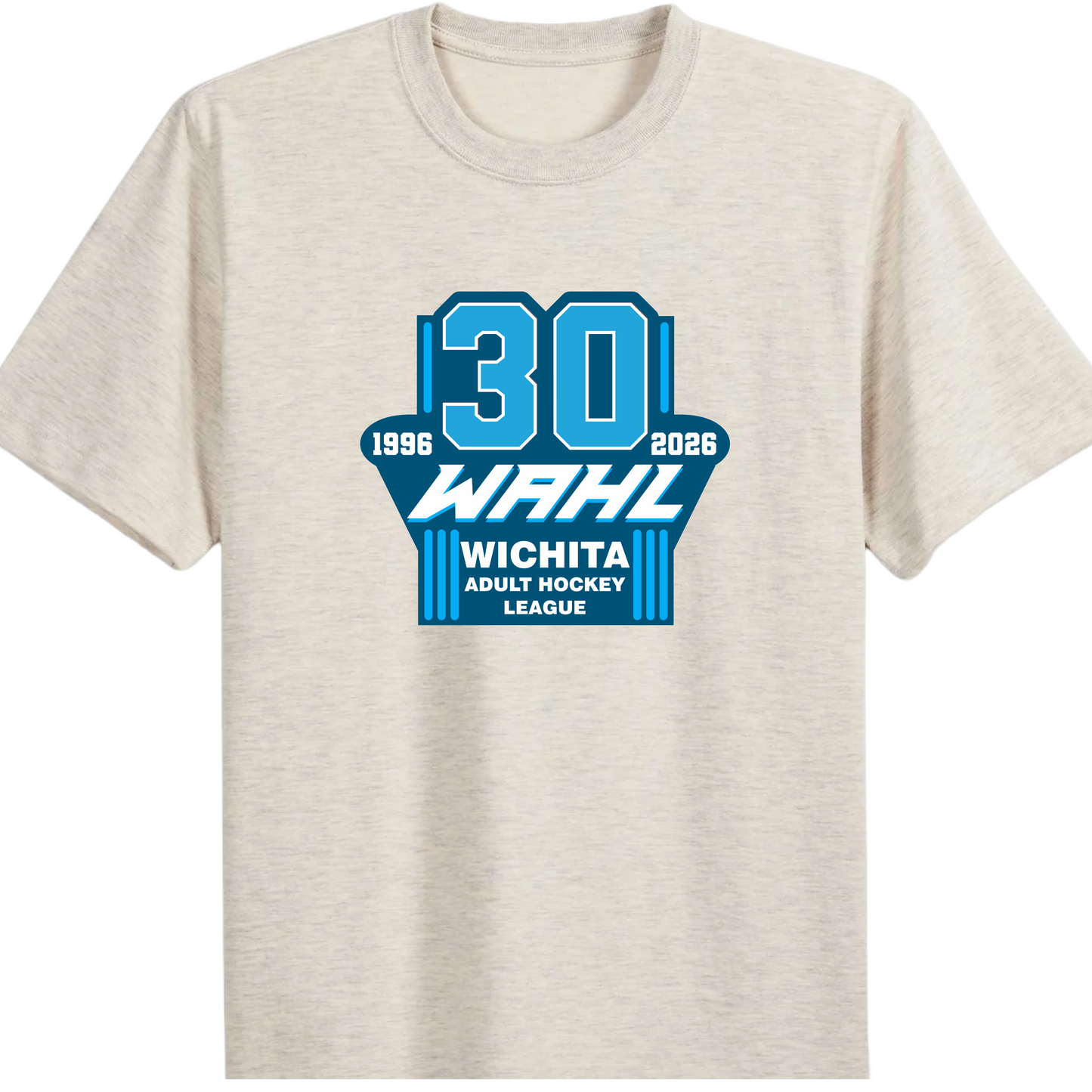 Beige t-shirt with blue and black text on a white background
